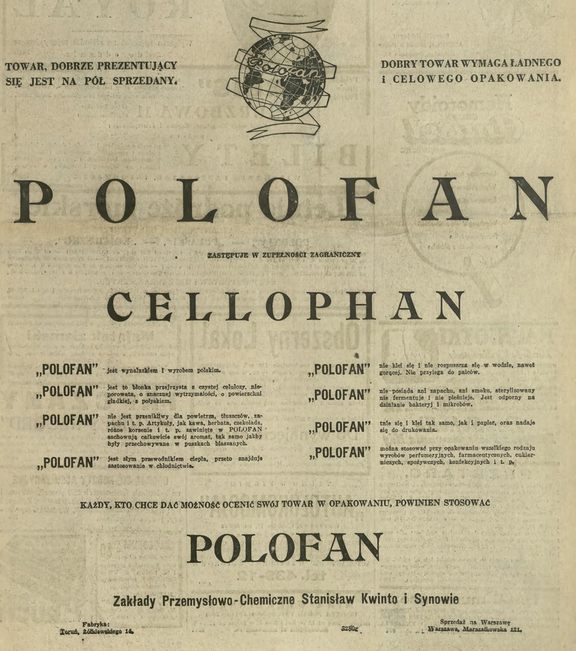 POLOFAN - Cellophan - reklama Zakładów Przemysłowo - Chemicznych Stanisław Kwinto i Synowie w Toruniu (Kurier Zachodni w roku 1931)