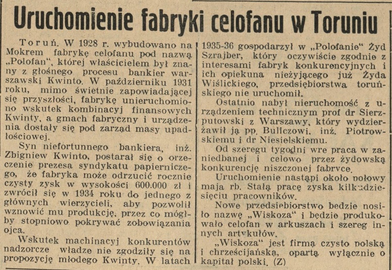 Uruchomienie fabryki celofanu w Toruniu w roku 1937 - artykuł z Kuriera Poznańskiego