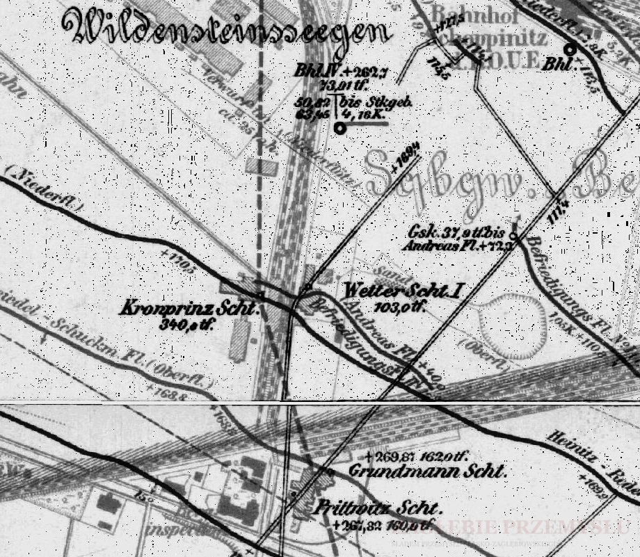 Mapa z końca XIX wieku prezdstawiająca obszar Kopalni Wildsteinsegen